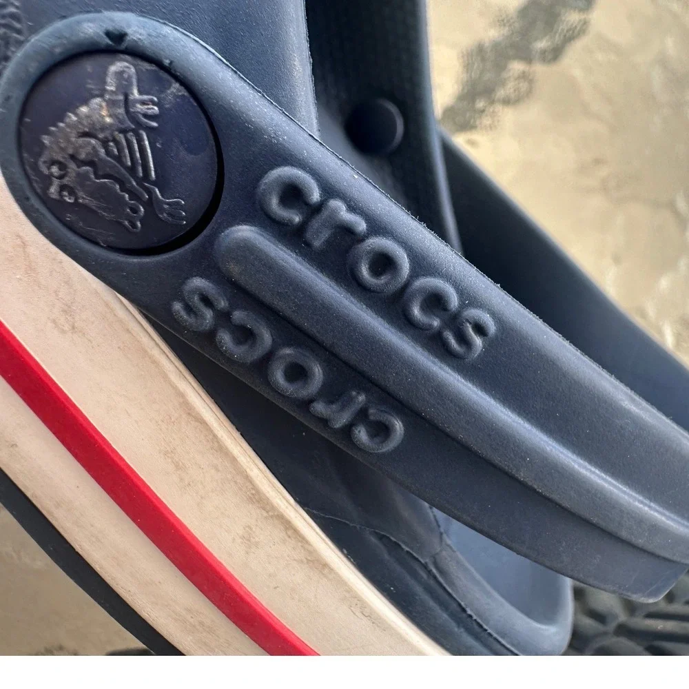 Crocs  Navy Blue White Band Red Stripe  Clogs‎ Mens 5 Womens 7